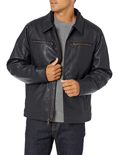 Dockers Men's James Faux Leather Jacket, Navy w. Chest Zip, Medium