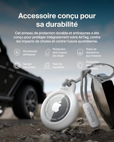 Anneau de protection avec cordon d'attache (protection pour AirTag, accessoire résistant aux rayures, blanc)