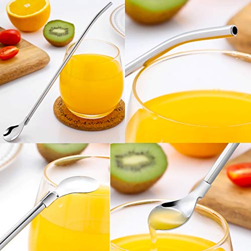 image for Pinowu Reusable Spoon Drink Straws Value Pack 6pcs with 2 Clean Brush 