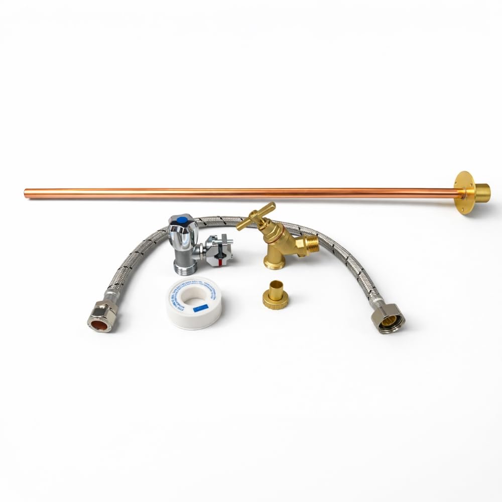 600mm Garden Tap Kit – WRAS Approved Outside Tap Kit with Double Check Valve, Self Cutting Tap, 600mm Flange, 400mm Flexible Connector & PTFE Tape – Easy DIY Outdoor Tap Kit Install for Thick Walls