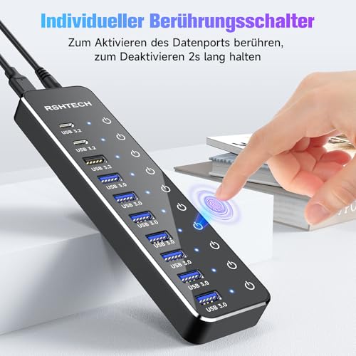 USB Powered Hub, RSHTECH 10 Ports USB 3.2/C Hub with Type-A 3.2, 2X Type-C 3.2 10Gbps Data Port, 7X Type-A 3.0 Ports and 12V/5A 60W Power Supply, Individual Touch Switches USB Hub, RSH-ST10C
