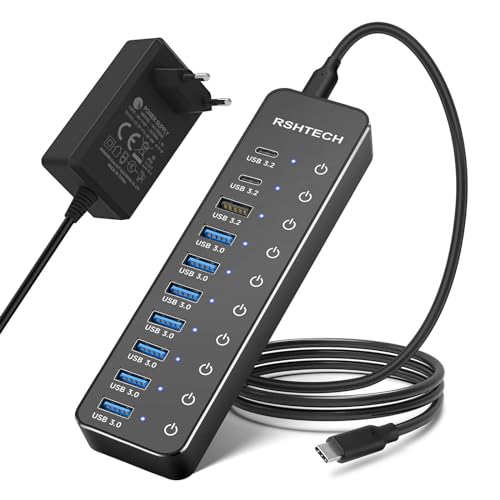 USB Hub Powered, RSHTECH USB 3.2/USB C Hub 10 Ports with USB-A 3.2 and 2x USB-C 3.2 10Gbps Data Ports, 7 USB-A 3.0 Ports and 12V/5A 60W Power, Individual Switches USB HUB, RSH-ST10C