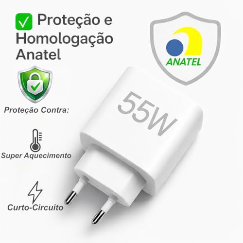 Carregador Turbo 55w USB-C com Cabo Tipo C 1 Metro, Fonte Bivolt 110v/220v, Carregamento Rápido Fast Charge, Compatível com Celular Android, iPhone, Tablet e Notebook