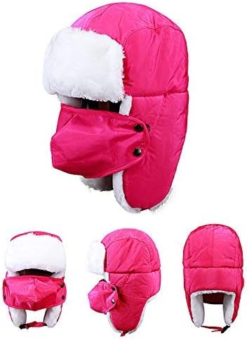 JIAHGUK Kids Trapper Hat Girls Boys Winter Bomber Hat Set including Faux Fur Ear Flap Windproof Cartoon Russian Trooper Pilot Aviator Hat Fleece Ski Cap Outdoor Headwear for 5-10Y Rose red - Image 5