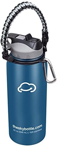 Stainless Steel Vacuum Insulated Water Bottle with Straw Lid and FREE paracord handle with metal carabiner - Keeps Hot &amp; Cold Beverages for Hours - Thermos Double Walled - 32 oz.(1 Liter) - Gray Blue