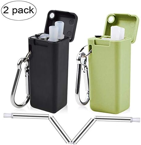 Asound 2-Pack Collapsible Reusable Straw, Composed of Stainless Steel and Food-Grade Silicone, Portable Straw with Cleaning Brush Perfect for Travel, Home, Outdoor, Office Or Gift (Black&Green)