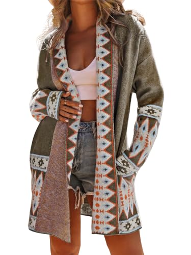 ebossy Women's Fashion Aztec Print Jacquard Knit Open Front Cardigan Lapel Long Sleeve Boho Graphic Long Sweater Coat (M, Brown) at Amazon