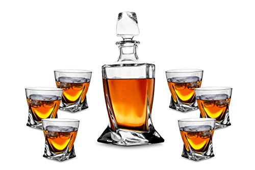Click Here to See More Images Whiskey Decanter Glass Set Lead Free 7-Piece. Unique Crystal Scotch Decanter with Stopper with 6 Twist Old Fashioned Cocktail Cool Rocks Short Glasses Tumbler for Bourbon Tasting Drinking by KANARS