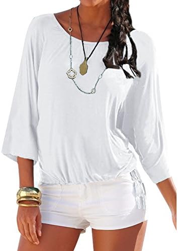 Smibra Womens Causal Solid 3 4 Sleeve Crew Neck Pleat Drawstring Shirt Blouse Top White XL