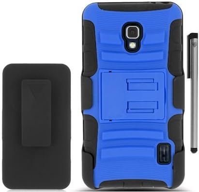 For LG Optimus F6 D500 Robotic Belt Clip Hybrid Holster Kickstand Cover Case with ApexGears Stylus Pen (Blue Black)
