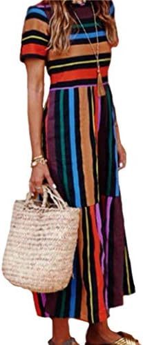 Womens Ethnic Long Dress Short Sleeve Rainbow Striped Floral Dresses