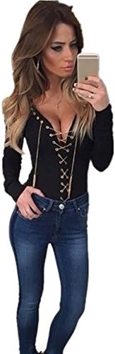 AiSiC Women Sexy Deep V Neck Long Sleeve Solid Slim Lace-up T-Shits Top
