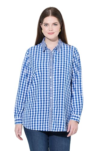 Ulla Popken Blusa Camisera, Cuadros, Cuello Camisero, Manga Larga, Banda cardada Azul regio 42+ 829431750-42+
