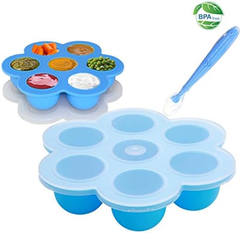 Vabau Silicone Egg Bite Molds,Baby Food Storage Container,Freezer Ice Cube Tray with Clip-on Lid and Bonus Spoon for 5/6/8qt Instant Pot- BPA Free,Microwave Dishwasher Safe-Blue