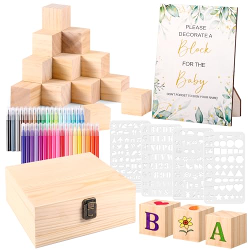 Draupnir 92 Pcs Fun Baby Shower Games Sign Kit Babies Coloring Blocks for Baby Shower, Wooden DIY Blank Blocks Freehand Painting with 36 Paint Markers