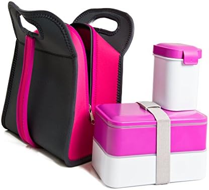 Complete Bento Lunch Box Set with Neoprene Lunch Bag - 6 Piece Set Including of 2 Lunch Box Containers, Full Set of Cutlery and Spill-proof Cup. BPA-free