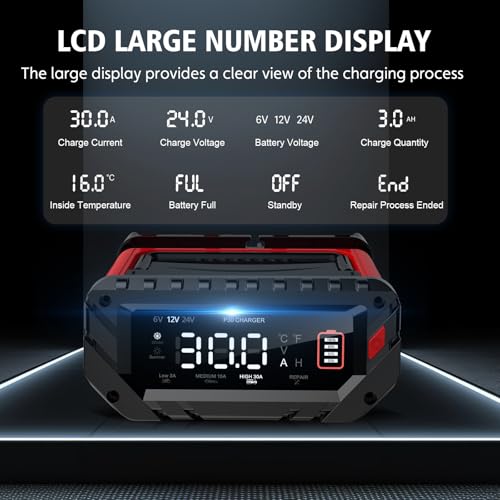 YHCHKJ 30 Amp 6V/12V/24V Smart Trickle Charger, Car Battery Charger, Lithium, Lifepo4, Lead Acid (AGM/Gel/SLA) Battery Maintainer, Desulfurizer for Car, Boat, Motorcycle, Lawn Mowers