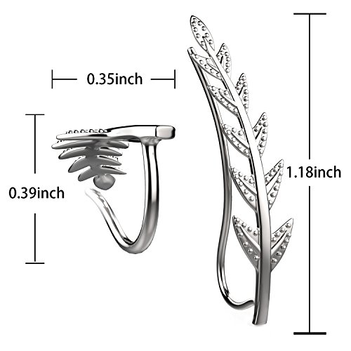Feramox Ear Crawler Cuff Earrings Sterling Silver Ear Climber Studs Olive Leaf Hypoallergenic