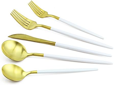 5 Piece Stainless Steel Flatware Set, EALEK Mirror Flatware Silverware Set Fork Spoon Knife Spoon Teaspoon Dining Sets Dishwasher Safe Cutlery Tableware Set Serve for 1 (White Gold)