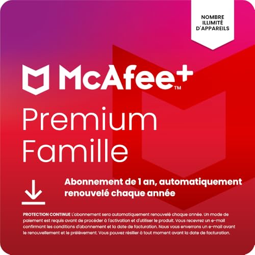 McAfee+ Premium Family Appareils illimités | Antivirus, VPN, logiciel de sécurité | Abonnement de 12 mois, automatiquement renouvelé chaque année | Téléchargement numérique