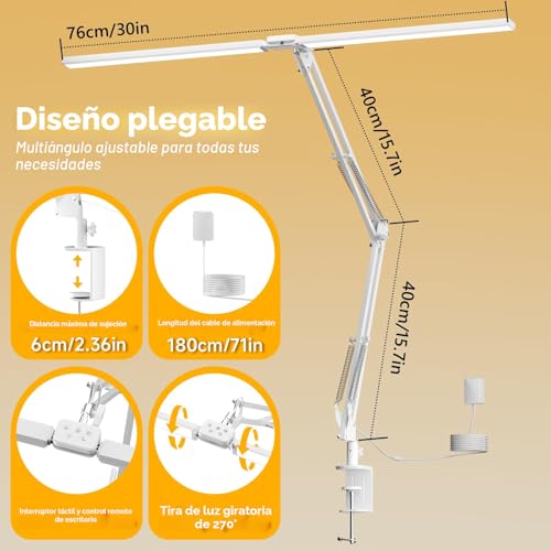 SKYLEO LED Desk Lamp, Dual Head Desk Lamp with Clip, with Remote Control, 2400 LM, 5 Color Temperature Modes, Home Desk Lamp, 24W, White