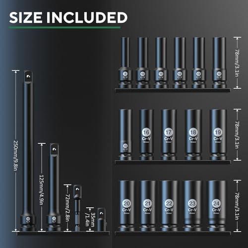 Ginour 20PCs Impact Socket Set 1/2 Inch, CR-V Drive Master Deep Impact Socket Set 8mm - 24mm, Metric, 6 Point, with 3pcs Drive Impact Extension Bar Set 3", 5",10"