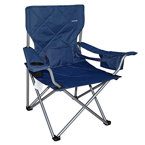 Suzeten Oversized Folding Camping Chairs Quad Arm Chair with Heavy Duty Lumbar Back Support, Cooler Cup Holder, Back Mesh Pocket, Shoulder Strap Carrying Bag, Navy Blue