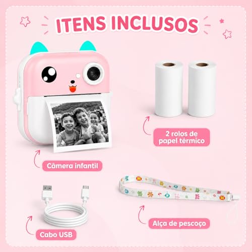 Câmera Infantil Digital Instantânea com Impressão Térmica (Rosa)