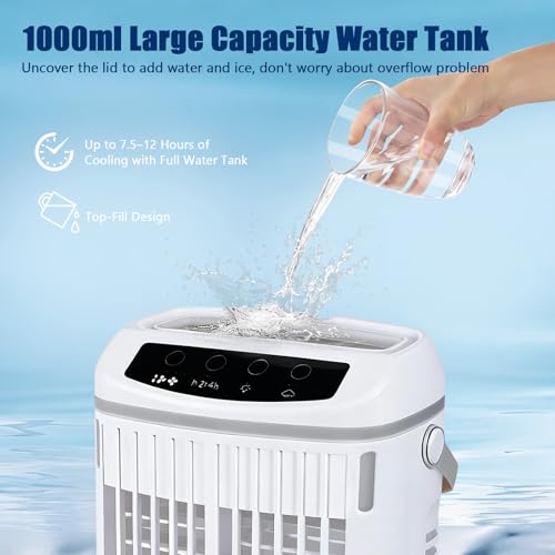 4 in 1 Mobile Air Conditioner with Remote Control, 1/2/4H Timer, 3 Speed, 3 Mist Modes, 1000ml Tank, 7 Color LEDs, Touch Screen, Personal Fan Mist for Home Office