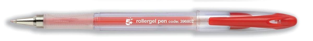 5 Star Office Roller Gel Pen Clear Barrel 1.0mm Tip 0.5mm Line Red [Pack 12]