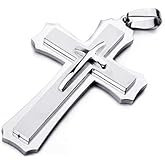 Mens Large Polished Stainless Steel Three Giant Cross Pendant Necklace Silver with 22 inch Chain