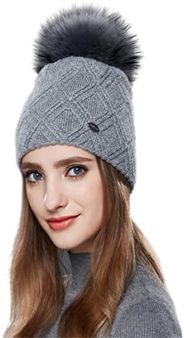 GEREYAN Stylish and Comfortable Wool Beanie Knit Hat with Raccoon Fur Pom Pom (Neutral Gray)