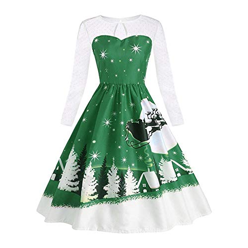 XOWRTE Women's Vintage Lace Dress Long Sleeve Christmas Print Party Swing Dress