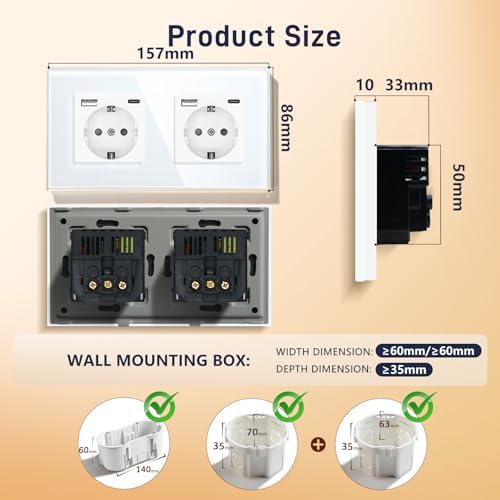 USB Steckdose Doppel Weiß Schuko Wandsteckdose mit USB Anschluss (Max. 2.1A) Typ C Port Unterputz Steckdose Glas Ladegerät für Handys, Laptops etc