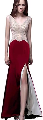 CutieTell Women Side Slit V-neck Backless Beaded Prom Dresses Evening Dresses