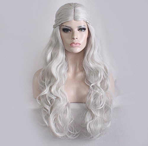 Synthetic Wigs For Women Long Silver Grey Wig Curly Hair Cosplay Halloween Natural Hairline Heat Resistant Fiber Fashion Looking Replacement for Ladies with Gift
