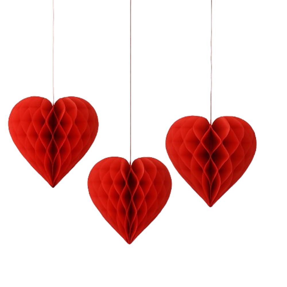 Pack of 3 Valentines Decoration Heart Shaped Paper Honeycomb Birthday Party Wedding available in 11 colours 3 sizes (All Red, 10"/25cm)