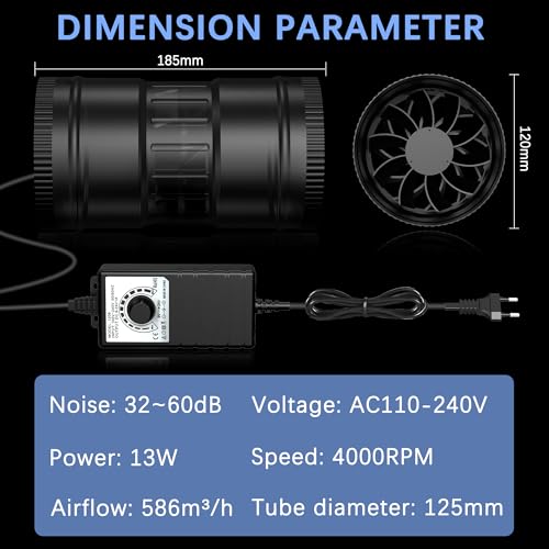 Brogachy Adjustable Duct Fan 125 mm, Pipe Fan 586 m³/h, EC Motor Exhaust Fan for Conservatory, Grow Tents, Basement, Garage, Kitchen, Bathroom
