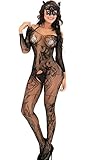 QueensHot Sleeved Sheer Lingerie Babydoll Crotchless Teddy Nightie Leotard Body Suit Stocking,Black Flower,Large