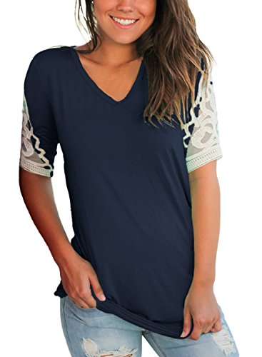 Lovezesent Women Sexy V Neck Lace Crochet Sleeves Blouses Tops for Leggings Casual Ruched T Shirts Navy Large
