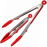Aarcho Kitchen 70 Percent Off Silicone Food Tongs W/Built-in Stand, 2-Pack (9 In And 12 In), Stainless Steel, Ergonomic Design W/Locking Feature. Kitchen, BBQ, Frying, Serving And More (Red)