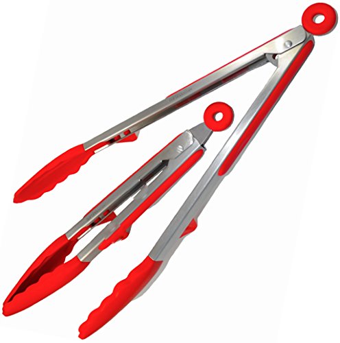 Aarcho Kitchen 70 Percent Off Silicone Food Tongs W/Built-in Stand, 2-Pack (9 In And 12 In), Stainless Steel, Ergonomic Design W/Locking Feature. Kitchen, BBQ, Frying, Serving And More (Red)