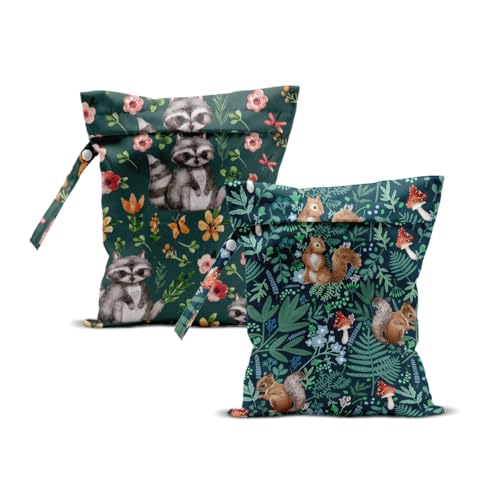 2Pcs Squirrel Wet Bag 12x10 Inch, Plants Waterproof Reusable Wet Dry Bag, Flowers Washable Travel Laundry Bags for Swimsuit Pool Beach Diapers Dirty Yoga Gym Clothes, Raccoon Gifts for Women Friend