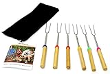 Marshmallow Roasting Sticks 6 Pcs with Guide Book and Zippered Carry Case - Wood Handles Telescoping Stainless Steel Campfire Smores Skewers Barbecue Fire Pit Forks