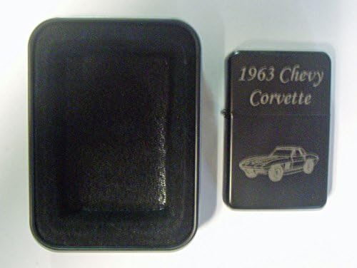 1963 Chevy Corvette Engraved Black Plated Brass Refillable Lighter in Black tin case