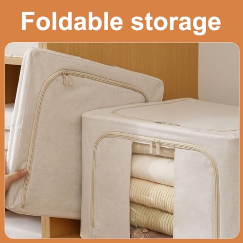 Clothes Organizer, 2 Pack Foldable Metal Frame Clothing Storing Bins with Double Visable Window, Large Capacity Cloth Container with Reinforced Handles, Storage Box, (Cream Yellow) (100L)