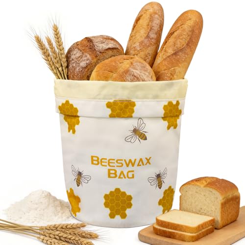 Reusable Beeswax Bread Bags 43cm x 33cm, Natural Beeswax Coated Cotton Storage Bags for Homemade Bread and Pastry with Buckle Closure (1PCS)