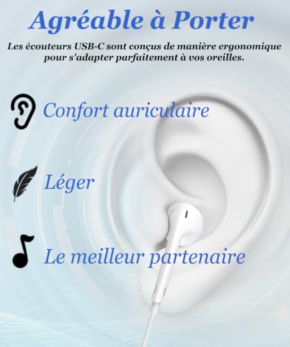 USB C Wired Earphones for iPhone 17 (Pack of 2) Wired USB C Earphone for iPhone 15/16 Pro Max/Plus Earphone Type C Earphone Built-in Microphone and Volume Control for Galaxy S23/22/21/20 Ultra-White