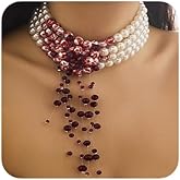Jumwrit Vintage Layered Pearl Choker Necklace Dainty Chunky Chain Multi Strand Pearl Beaded Necklace Boho Rhinestone Tassel Pendant 4 Tier Halloween Vampire Necklace Statement Accessories for Women