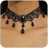 fxmimior Boho Crystal Black Beads Pendant Choker Necklace - Vintage Lace Gothic Hollow Teardrop Necklaces for Women